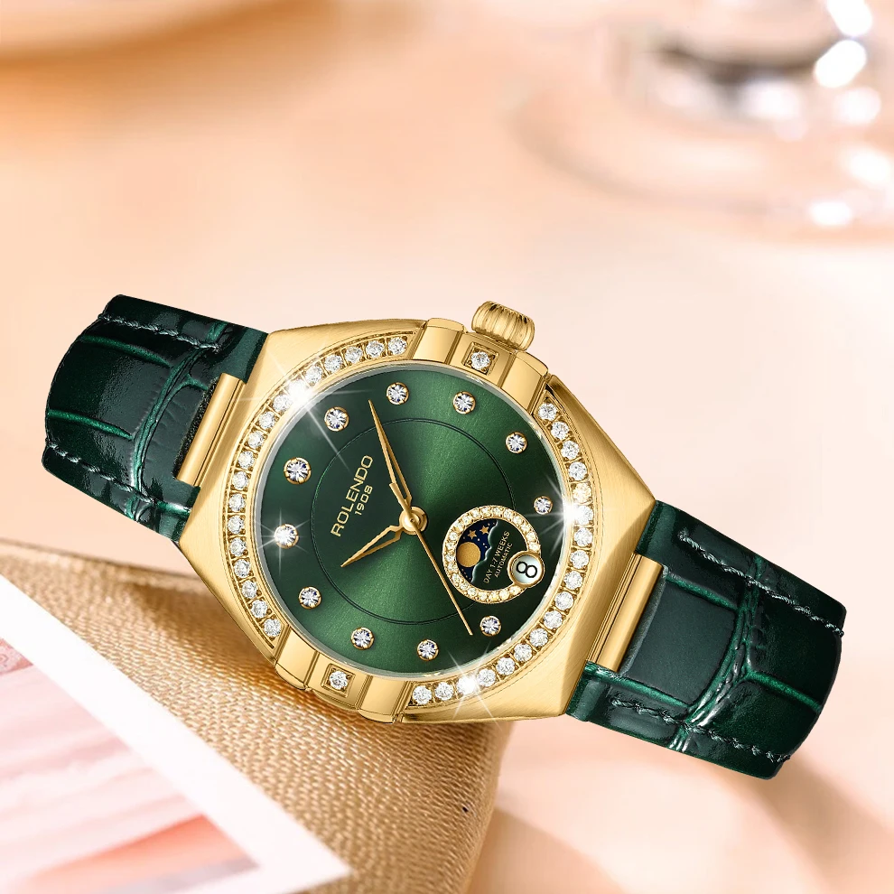 ROLENDO Orologio da donna automatico stile costellazione Cinturino segreto smeraldo Quadrante verde Giorno-Data Cristallo di zaffiro Impermeabile Elegante 4