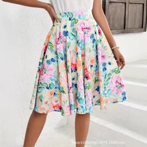 Elegante gonna a trapezio con stampa floreale per donna Estate 2025 Gonna longuette versatile Adesivi decorativi non personalizzati in fibra di poliestere 1