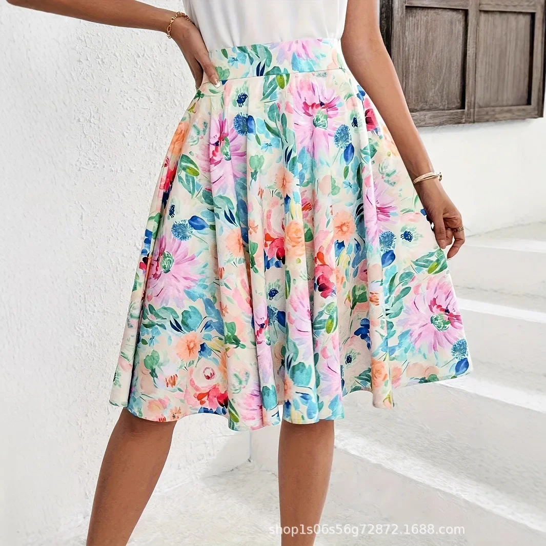 Elegante gonna a trapezio con stampa floreale per donna Estate 2025 Gonna longuette versatile Adesivi decorativi non personalizzati in fibra di poliestere 1