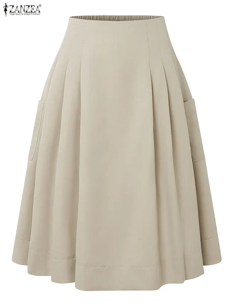 2025 Estate Elastico In Vita Jupes ZANZEA Donne Gonne Da Ufficio Solido A Pieghe Gonna Al Ginocchio Elegante A-line OL Lavoro Faldas Saia 3