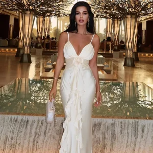 Abito lungo senza maniche senza spalline con volant a fiori eleganti per le donne Abiti slim con scollo a V senza schienale Lady Party Club Outwear Robe Vesti 1