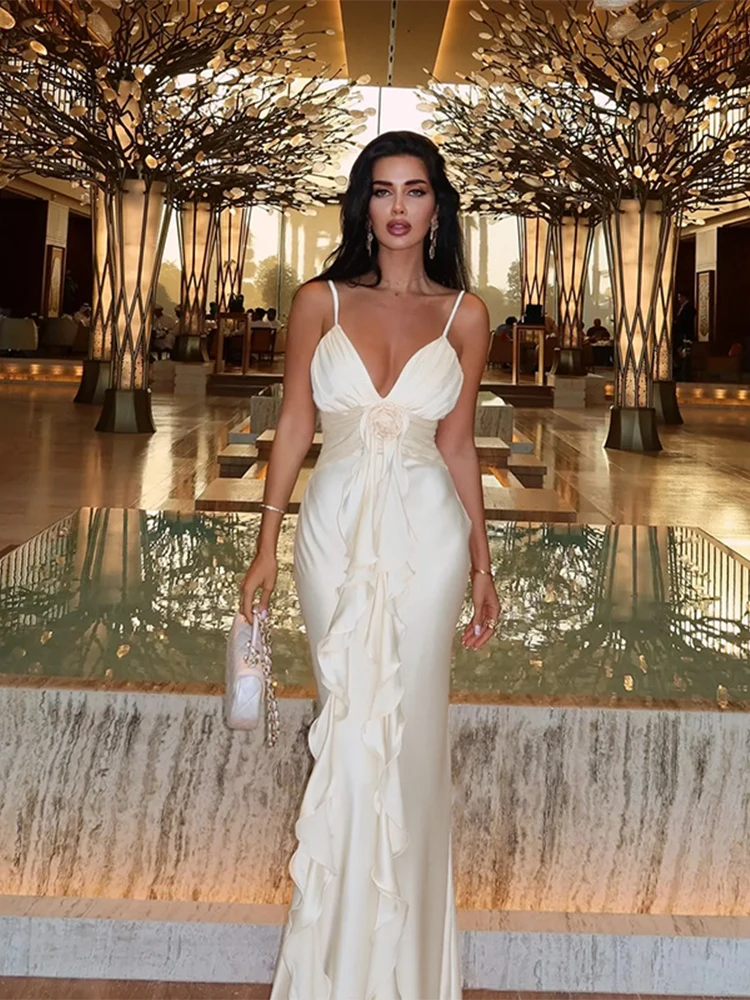 Abito lungo senza maniche senza spalline con volant a fiori eleganti per le donne Abiti slim con scollo a V senza schienale Lady Party Club Outwear Robe Vesti 1