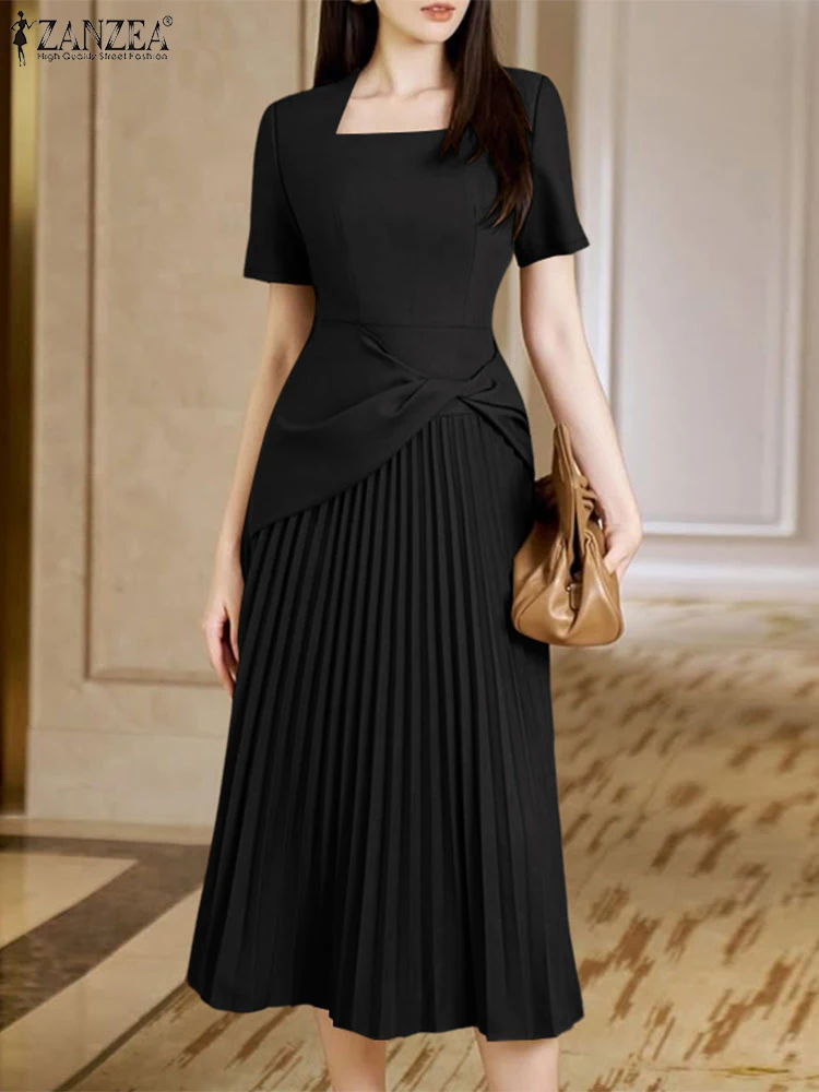 ZANZEA Abiti eleganti da lavoro per ufficio 2025 Abito estivo da donna Collo quadrato Vestito estivo da festa Moda Manica corta Abiti a pieghe Robe 4