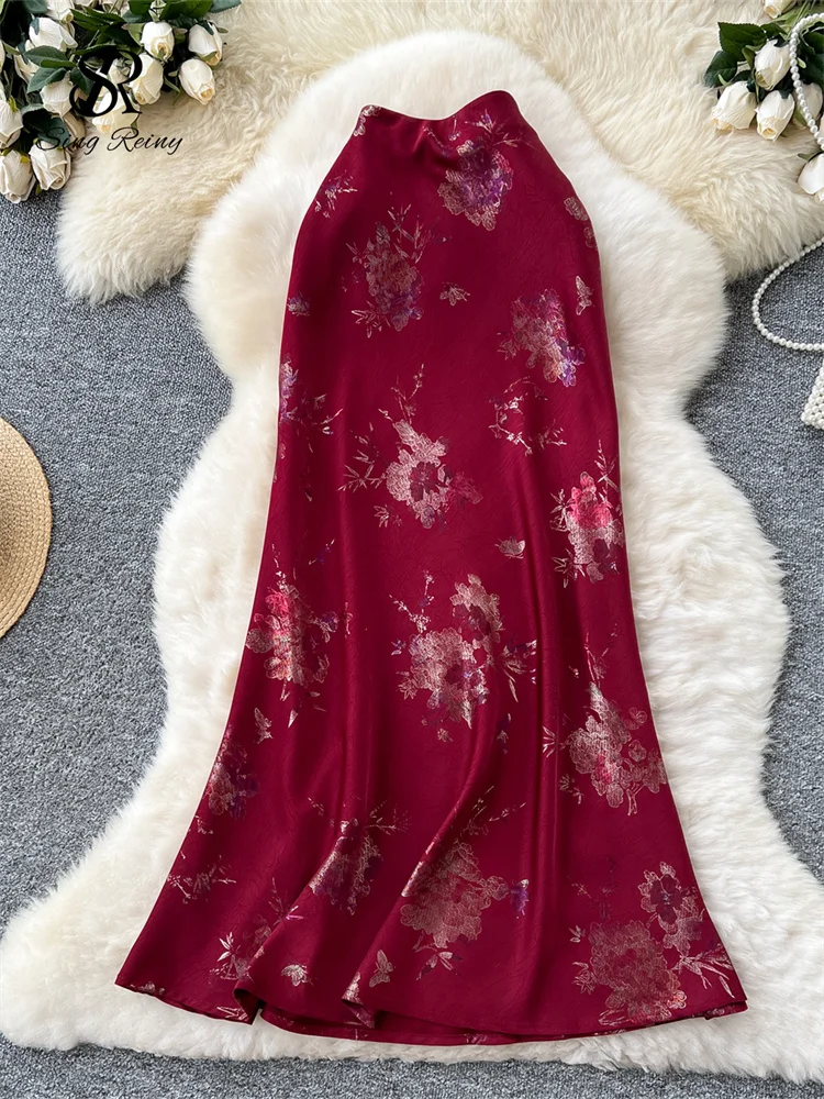 SINGREINY Gonna lunga da donna senior Stampa floreale in oro Design con cerniera Estate Francia Elegante gonna vintage Nozioni di base in raso A Line 4