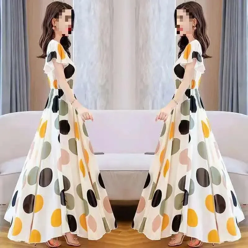 Vendita calda della stagione Nuovo abito lungo con gonna da spiaggia a pois vintage ingombrante in vita lunga Abito lungo con orlo fluente Abito laterale oceano da donna 3