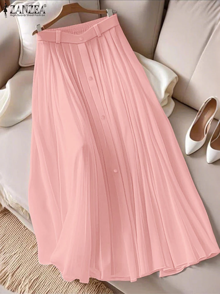 ZANZEA Moda Gonne Lunghe Donna Autunno Elastico Wais Jupes Casual Pieghettato Faldas Saia 2025 Elegante Colore Solido Partito Maxi Fondo 1