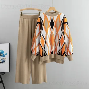 2025 Nuovo vestito sportivo e per il tempo libero da donna Autunno e inverno Moda maglione allentato di grandi dimensioni Pantaloni a gamba larga Set da due pezzi 1