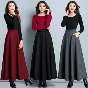 Gonna longuette a vita alta Gonna maxi Gonna a metà corpo in puro colore Gonna a trapezio Moda donna Primavera Estate Autunno Misto poliestere 1