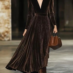 Nuovo abito francese con scollo a V in velluto Abbigliamento donna Elegante abito da festa a maniche lunghe Autunno Inverno Caldo articolo di moda Gonna lunga marrone 1