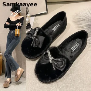 35-40 Scarpe basse da donna Mocassini invernali Donna Peluche Bowknot Fondo morbido antiscivolo Zapatos Mujer Slip-on Punta tonda Calzature casual 1