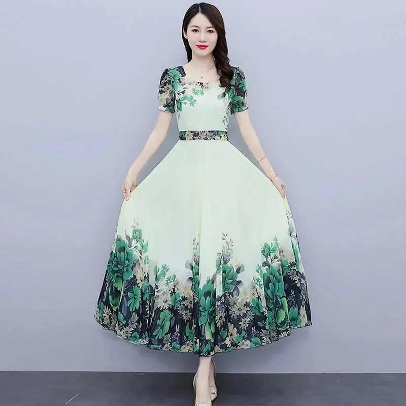 Abito estivo nuovo a maniche corte da donna dimagrante a vita alta girocollo in chiffon con stampa gonna lunga colletto polo abito con maniche da principessa 4