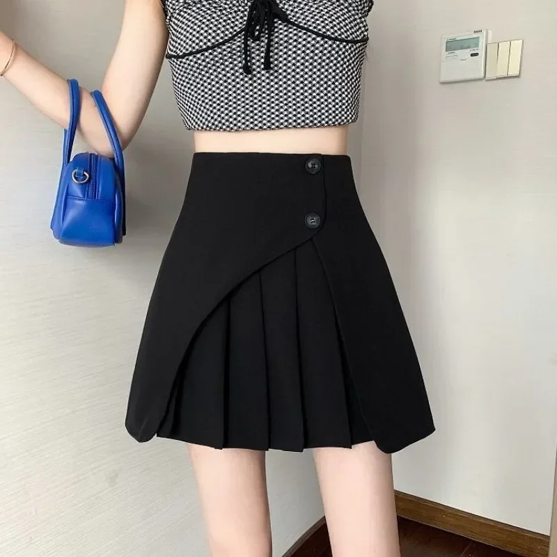 Design gonna a trapezio a vita alta donna mezza gonna grigia di fascia alta estate nuove ragazze alla moda stile College abiti corti pieghettati 4