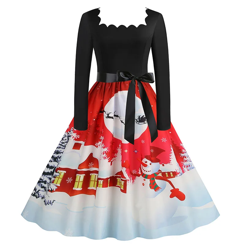 Abito natalizio vintage da donna colletto quadrato manica lunga stampa elegante abito da sera natalizio midi prendisole per l'autunno inverno 4