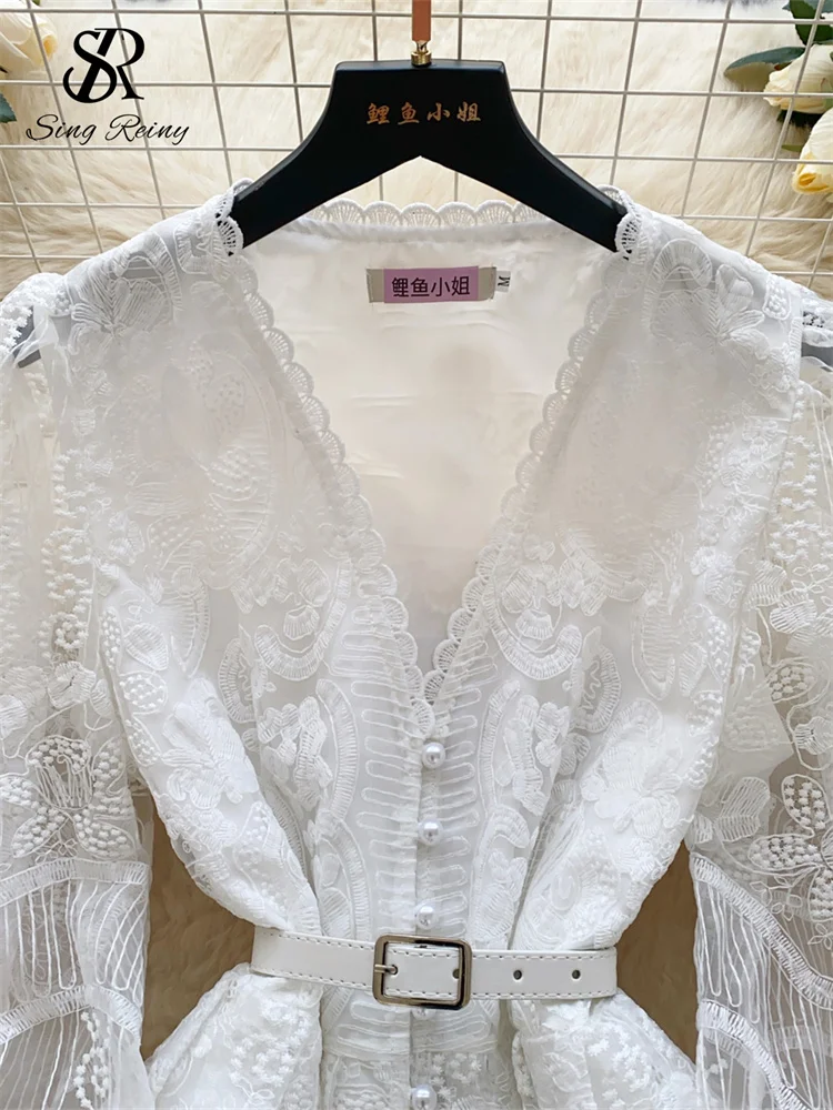 SINGREINY 2025 Abito da donna senior con scollo a V manica a lanterna ricamo con cintura vestito estivo sottile chic mini abito a rete delicata primaverile 3