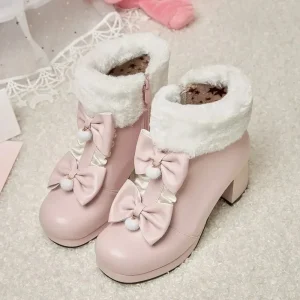 2025 Stivali tacco alto moda donna inverno Rosa Bianco Nero Pelliccia Nappa Bowtie Bella Lolita Scarpe da sposa per feste da donna Taglia 43 1