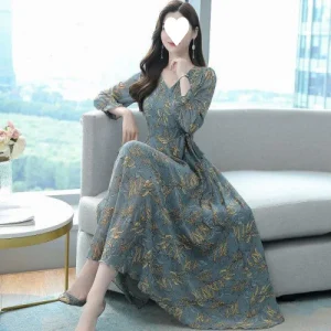 Abito longuette stile coreano Orlo svasato Vita snellente per donne di mezza età Comodo casual in poliestere Manica lunga Scollo a V A- Lin.. 1