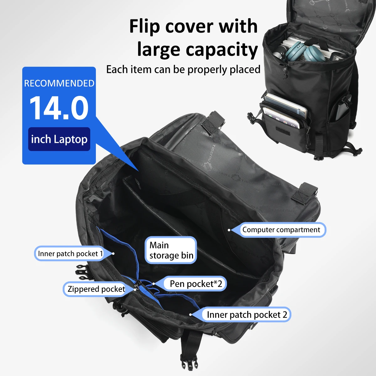 Tigernu Nuove borse zaino multifunzionali Borse universitarie per la scuola di moda per laptop da 14 pollici con piccole borse a tracolla rimovibili 3