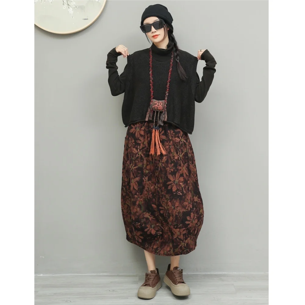 Mezza gonna imbottita in cotone vintage sbiadito Gonna casual autunno inverno donna LX4573 2