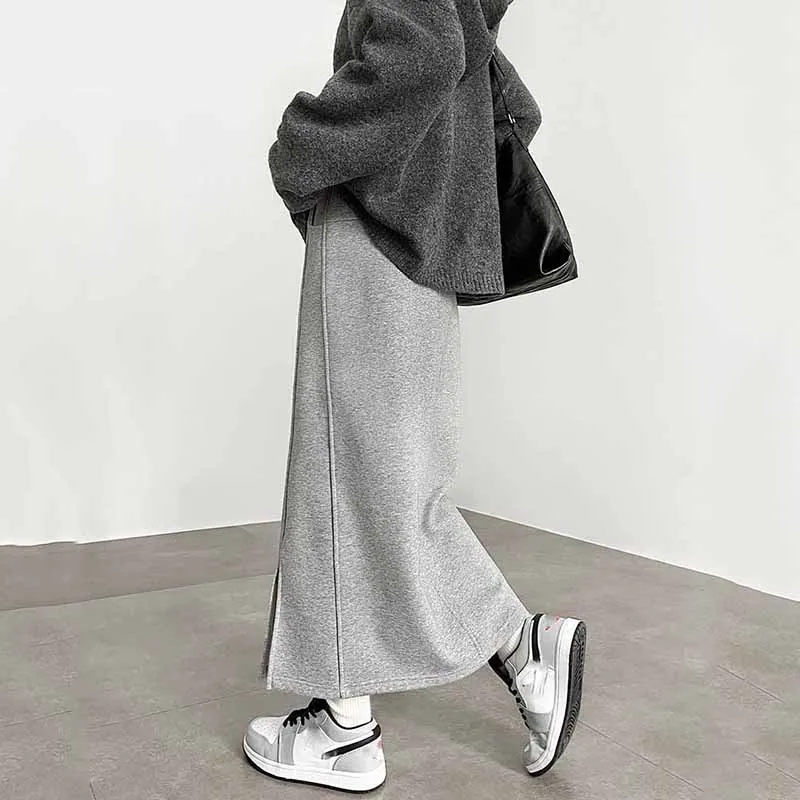 Gonne longuette divise grigie da donna Elasticità in vita Gonne lunghe larghe casual Donna Autunno Inverno Addensare più gonna dritta in velluto 3