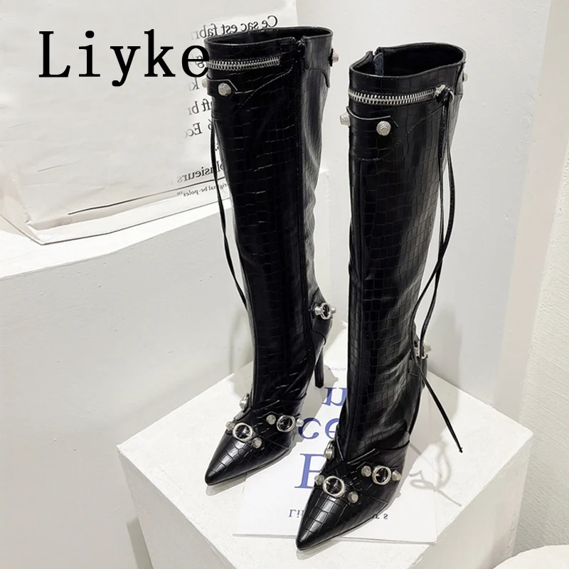 Liyke 2025 Nuovo Sexy Punta a punta Stivali alti al ginocchio Donna Pole Dance Tacchi a spillo Pompe Moda Nappa Zip Rivetto Scarpe lunghe invernali 5