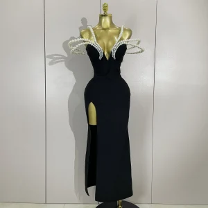 Designer di lusso Perle Scollo a V Maxi Fasciatura lunga Abito aderente Donna Celebrity Evening Party Abiti di compleanno Costumi di scena per cantanti 1