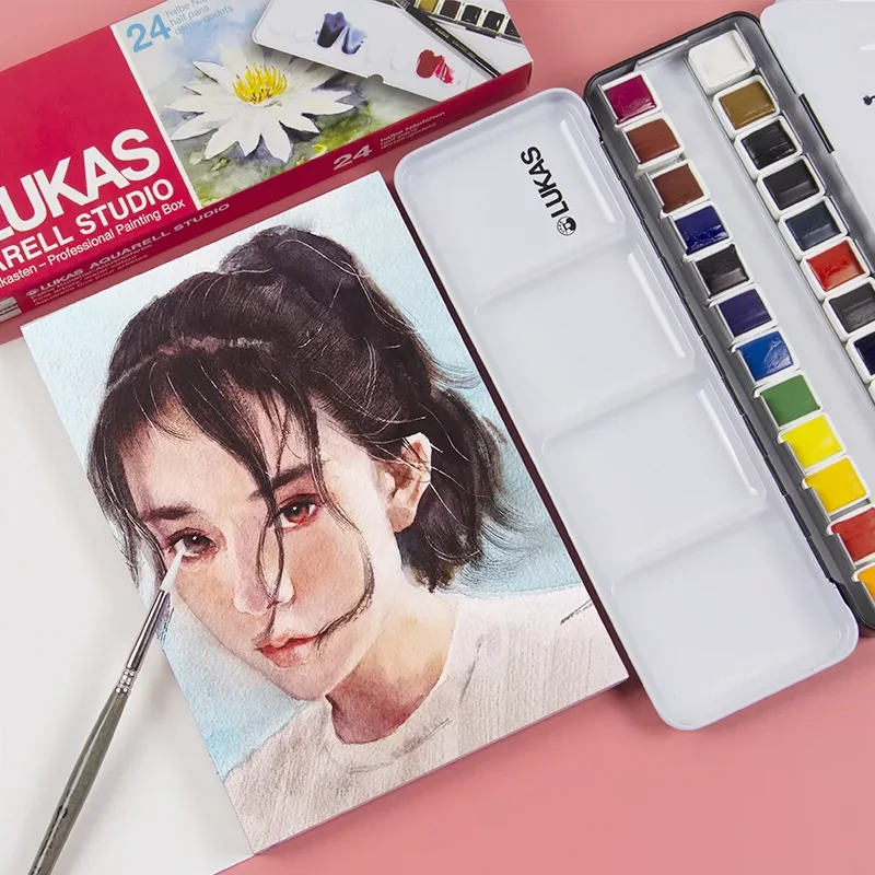 Lukas Viaggio Pittura ad acquerello 24 colori Mezze padelle Pennello per pittura ad acquerello trasparente Schizzi Tavolozza portatile Scatola di metallo 2