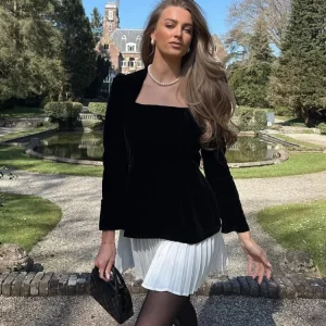 Mini abito a trapezio a contrasto da donna elegante con scollo quadrato Moda abiti a maniche lunghe pieghettati a vita alta 2024 New Lady Chic Partywear 1