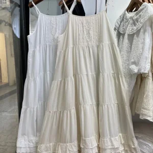 Japan style mori girl sweet cotton hollow out ricama abito bianco donna spaghetti strap robe abito sottoveste beige bianco 1