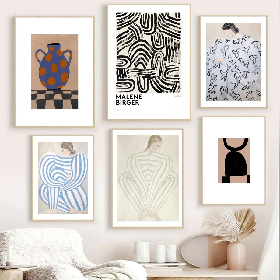 Linea astratta Abito a righe Ragazza Nordic Poster Vaso Stampa artistica da parete geometrica Pittura su tela Immagini Boho per la decorazione del soggiorno 3