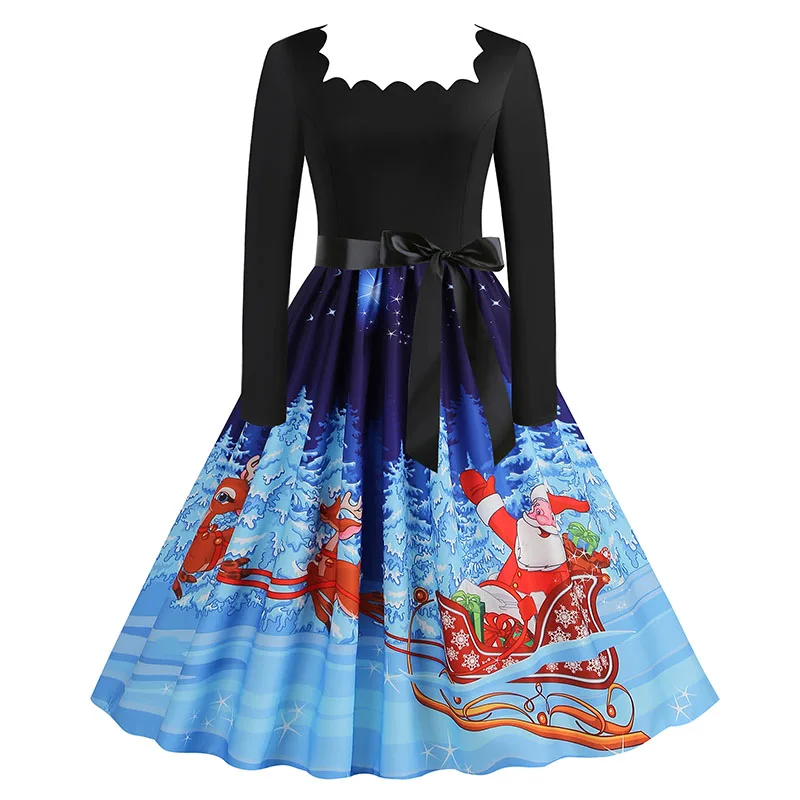 Abito natalizio vintage da donna colletto quadrato manica lunga stampa elegante abito da sera natalizio midi prendisole per l'autunno inverno 2