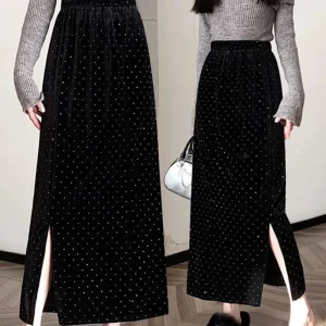 Gonna lunga in velluto nero per donna Elegante lusso con strass Gonne longuette da sera per feste Autunno Inverno Gonne divise a vita alta 1