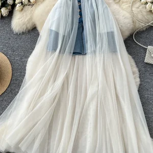 SINGREINY Abbigliamento bidirezionale Streetwear Gonna di jeans in rete Splice a vita alta La più recente gonna lunga sottile stile coreano da donna romantica autunnale 1