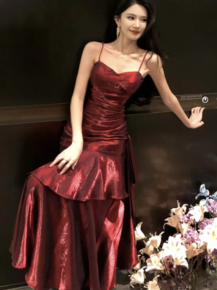 Abito da festa di compleanno con volant estivo da donna Abiti da sera senza maniche con cinturino per spaghetti sexy Abiti da ballo sottili femminili Abito lungo 4