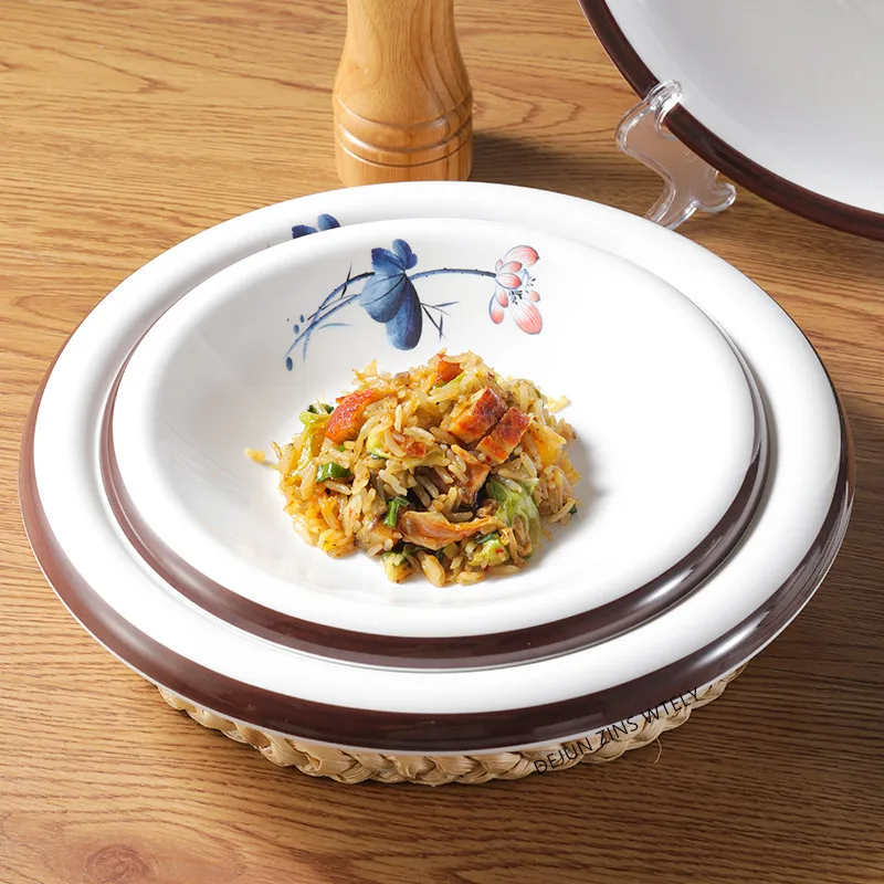 Piatto rotondo in melamina Piatto da pranzo in plastica con motivo floreale Piatto da insalata per bistecche commerciali Accessori da cucina per dischi da frutta per la casa 5