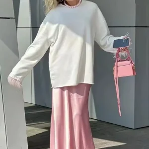 2024 New Pink Midi Gonne Moda donna Elastico in vita Gonna nera Autunno Casual Vita alta Gonna lunga in raso Gonne chic da donna 1