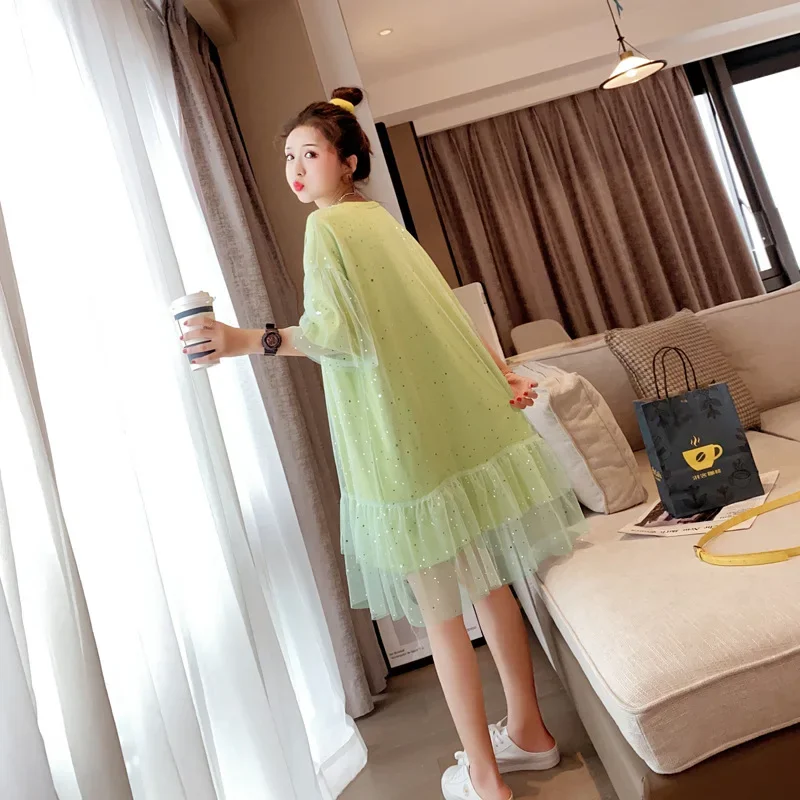 Abito t-shirt midi con giunture in rete alla moda, manica corta da donna, design elegante, abito casual comodo primavera estate 5