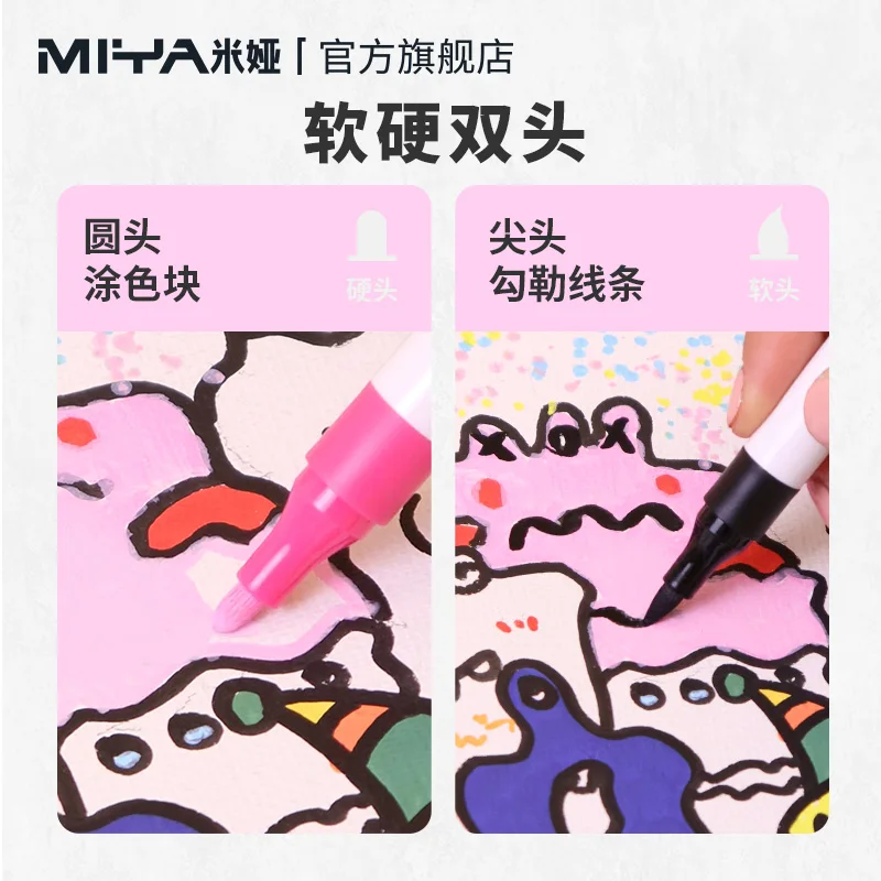 Penne per vernice acrilica Miya, pennarelli a doppia punta con punta a pennello e punta fine 12/24/36/48 colori disegno artigianato fai da te creazione di materiali artistici 3