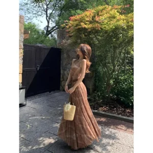 Abito gilet senza maniche scozzese retrò Abito estivo da donna elegante sottile lungo a trapezio Abito maxi attillato in vita snellente 1