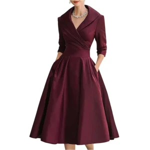 Abito retrò con scollo a V moda casual da donna Vita elegante che dimagrisce Abito da festa a maniche lunghe Abito da pendolare a vita alta tinta unita 1