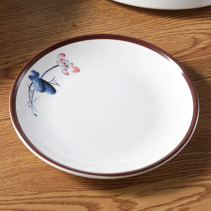 Piatto rotondo in melamina Piatto da pranzo in plastica con motivo floreale Piatto da insalata per bistecche commerciali Accessori da cucina per dischi da frutta per la casa 2