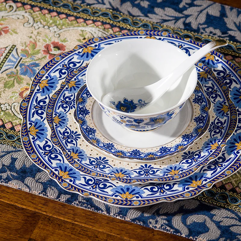 Americano Posate Piatto di Verdure Per La Casa Piatto di Riso Piatto In Ceramica Set di Porcellana di Osso Europeo Blu e Bianco Smaltato Fis 4