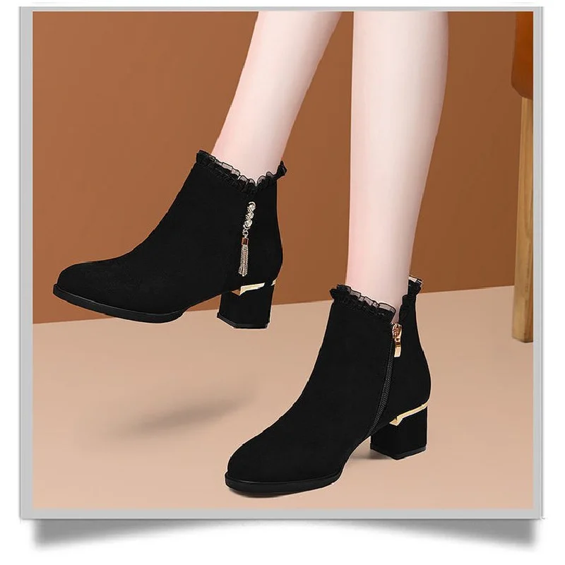 2025 Nuovo stile britannico Stivali invernali da donna - Punta tonda Nappa Foderata pelosa Stivaletti con tacco medio Decorazione con diamanti Zip laterale 4