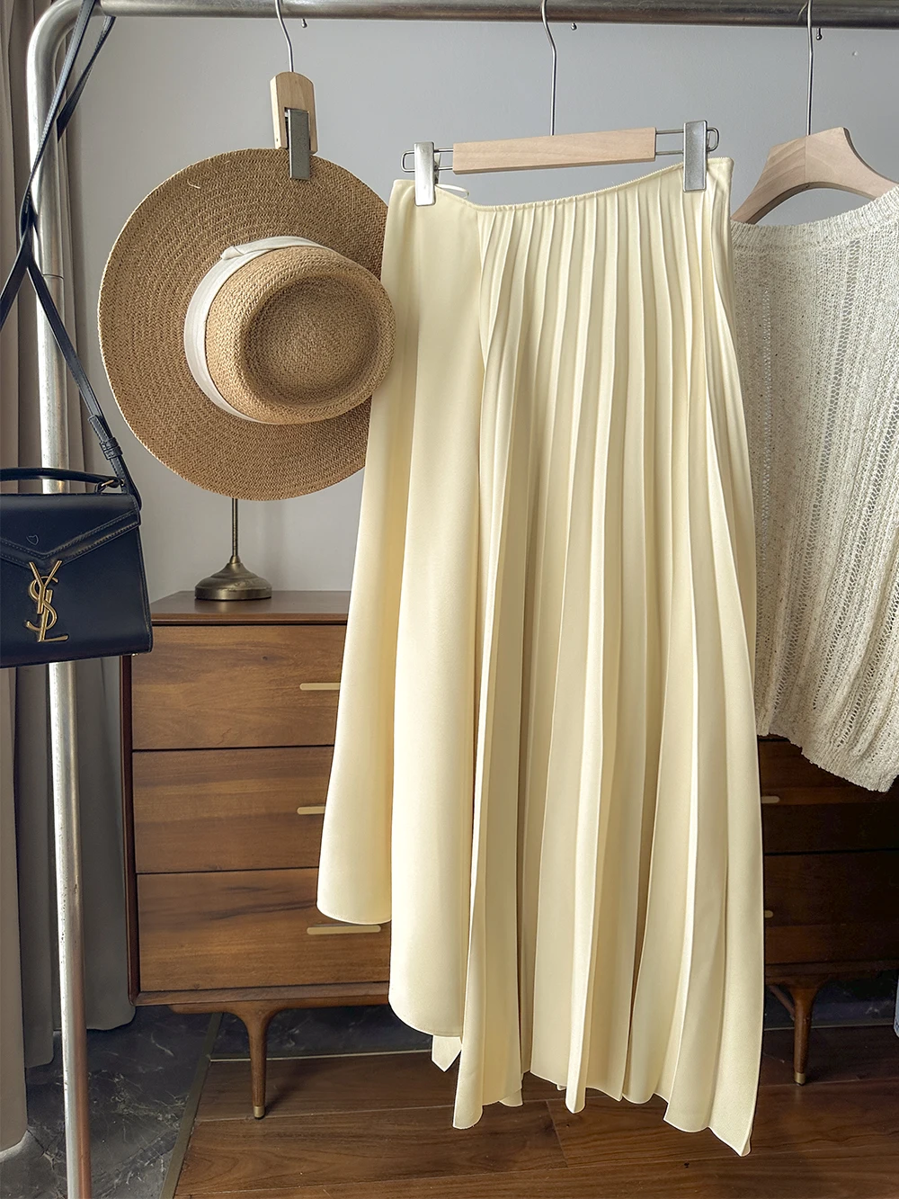 2025 Gonna a pieghe asimmetrica elegante da donna a vita alta Gonna medio-lunga da donna Gonna longuette da donna femminile Giallo Saia 2