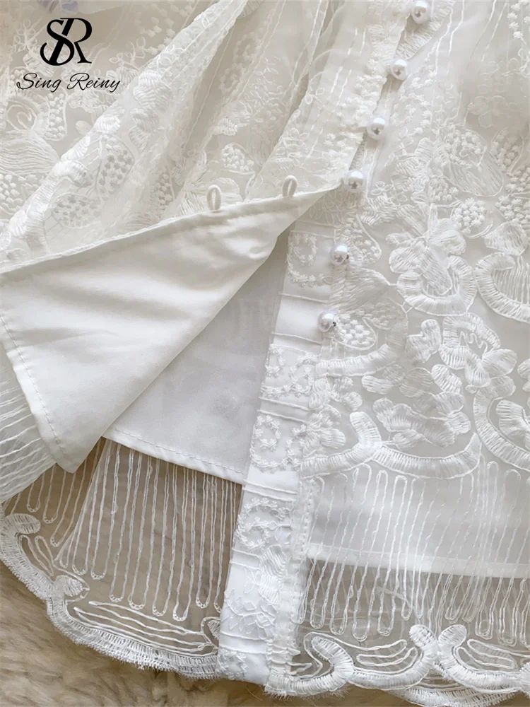 SINGREINY 2025 Abito da donna senior con scollo a V manica a lanterna ricamo con cintura vestito estivo sottile chic mini abito a rete delicata primaverile 6