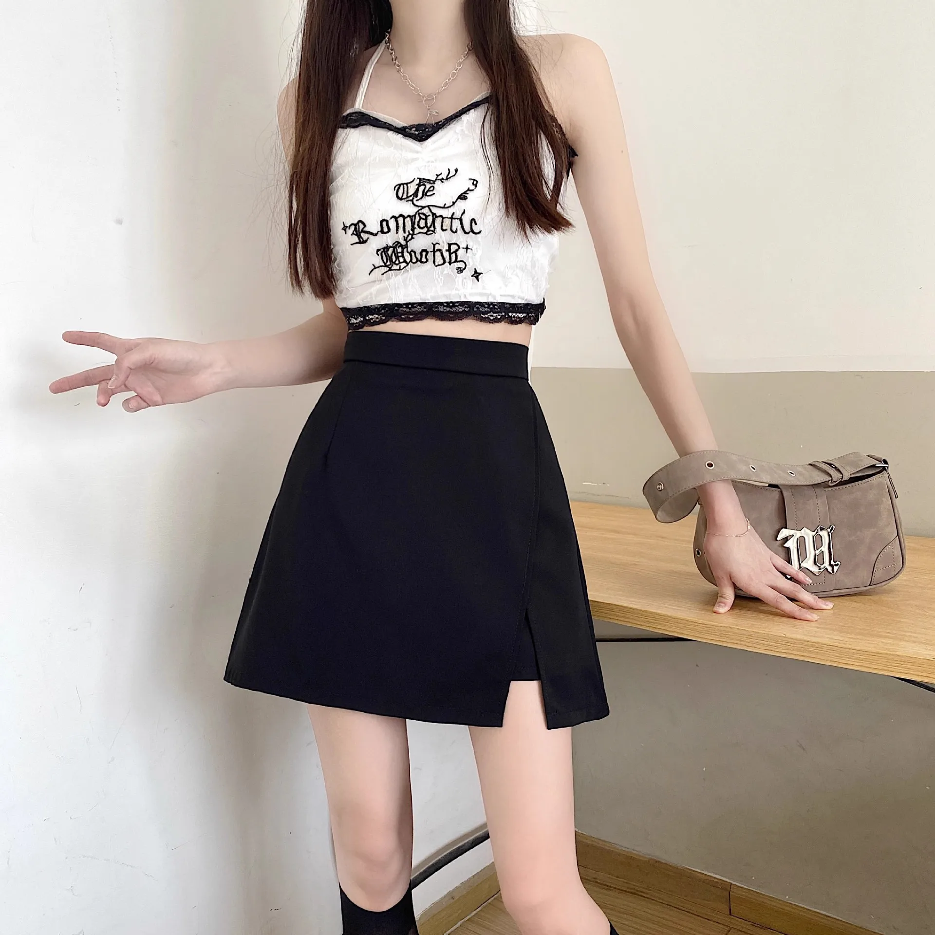 Gonna longuette asimmetrica a vita alta per donna Design elegante con spacco Nasconde le cosce Previene l'esposizione Gonna estiva a trapezio 1