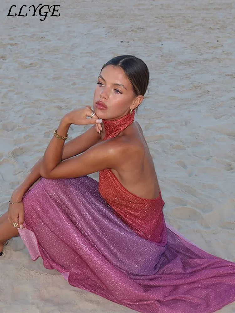 Abito sexy con spacco laterale lucido Abito da donna elegante senza maniche con schienale all'anca 2025 Abiti da festa di colore estivo da donna 1