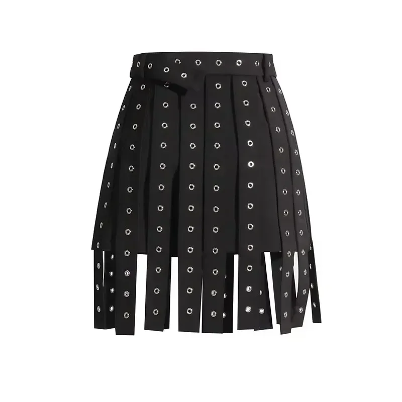 ALIDI SC High Street Gonna corta Estate Nuovo prodotto Design alla moda Senso Splicing Cintura Decorazione Gonna corta con nappa a trapezio 2