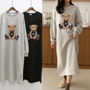 Abito lungo con cappuccio foderato in pile Capispalla stile francese vestibilità ampia da donna Autunno Nuovo abito al ginocchio taglie forti Scollo rotondo 1