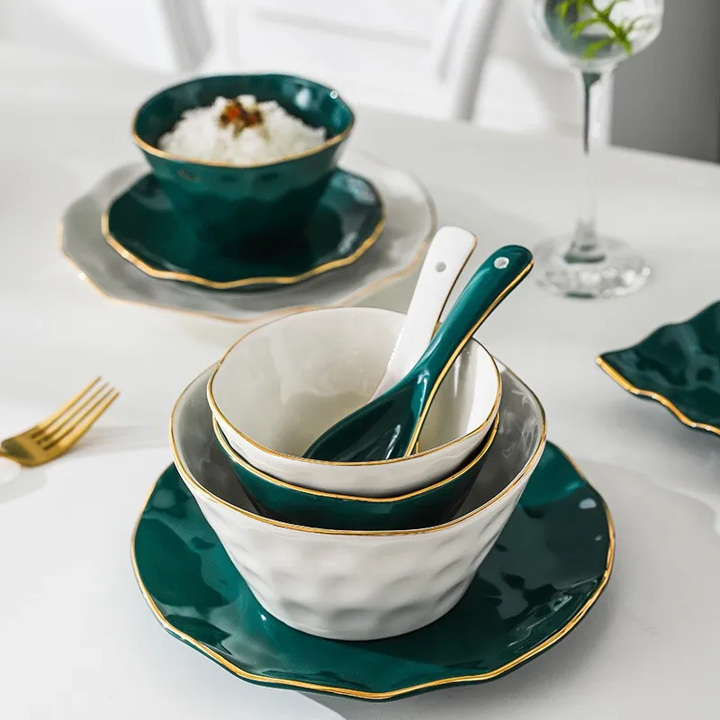 Set di stoviglie per piatti in ceramica nordica verde di alta moda Set di stoviglie Set di ciotole per zuppa in porcellana in stile moderno 5