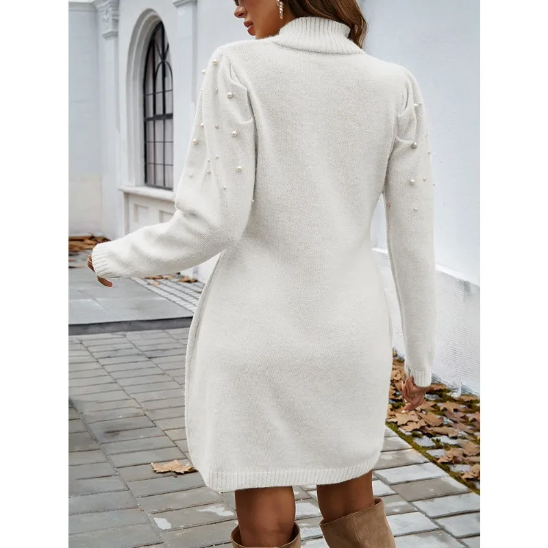 2025 Autunno Donna Abiti maglione Perle Girocollo Manica lunga Abito avvolgente sull'anca Inverno Elegante donna Casual Solido Abito slim fit 6